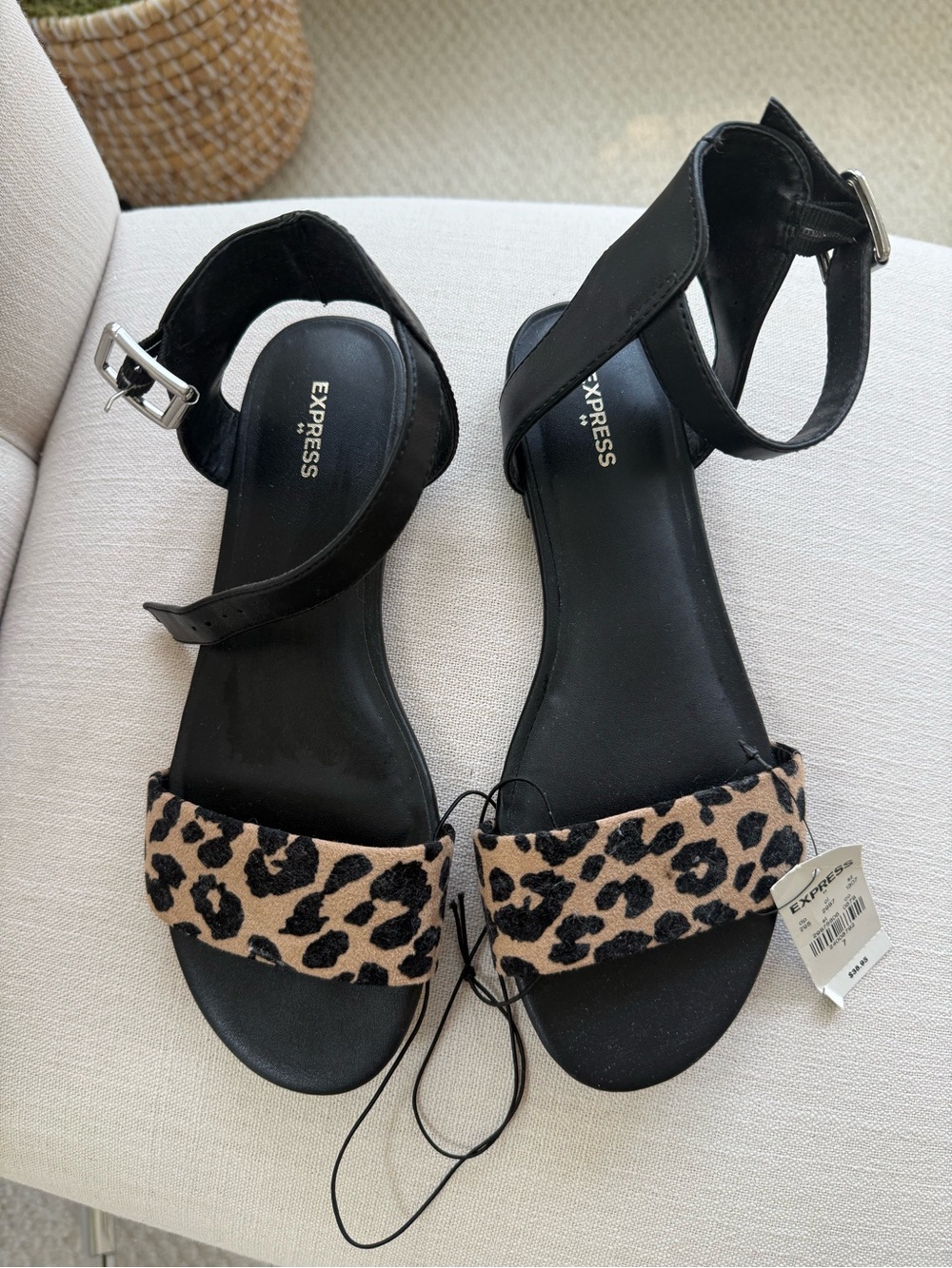 Express Black Sandals with Leopard Toe Strap